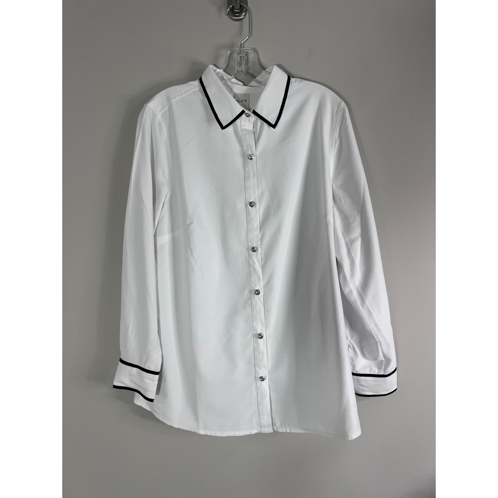Blair Womens White Button Down Blouse Crystal Buttons Black Piping Size M